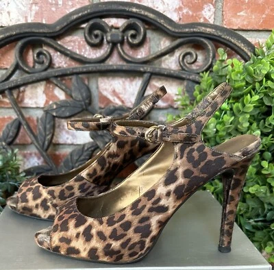 Worthington Stiletto Peep Toe Heels; Blk & Brown Leopard W/Ankle Strap; Sz 9 1/2 - Image 1 of 4
