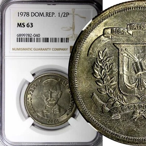 Dominican Republic Copper-Nickel 1978 1/2 Peso NGC MS63 Mintage-296,000 KM#52(0) - Picture 1 of 5