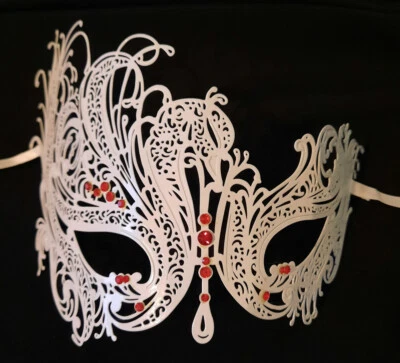 White Red Crystal Swan Laser Cut Venetian Mask Masquerade Metal Filigree - Image 1 of 3