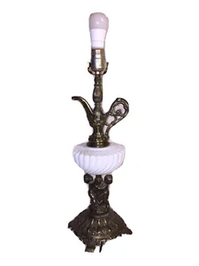 Vntg. Bronze Parlor Table Lamp W/White Glass Globe In Middle Genie Lamp Cherubs - Picture 1 of 12