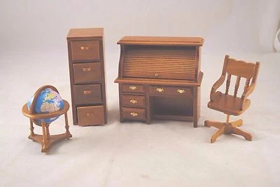 Library Set  Globe Desk Filing Cabinet dollhouse miniature 1/12 scale T6635 4pcs - Image 1 of 4
