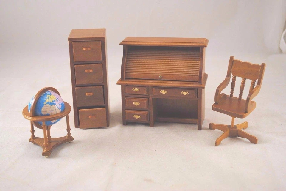 Aztec 1" Scale Dollhouse Miniature Furniture Office Set 4 Pcs Walnut Azt6635