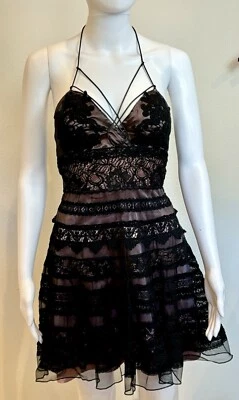Bebe Black Lace Leather Halter Babydoll Dress Open Back XXS Whimsigoth Fairy Y2K - Image 1 of 4