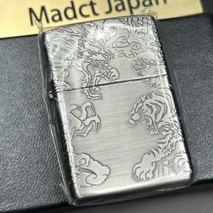 Zippo Oil Lighter Dragon Tiger 4 Sided Engraving Antique Silver Brass Japan New - Picture 1 of 18