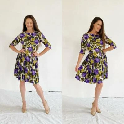 Vintage 1950s Purple Floral Dress- S/M, Cute & Dainty Ruched Day Dress - Image 1 of 4