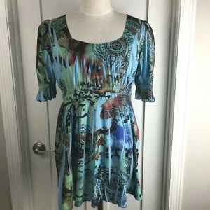 One World Live and Let Live Gr. M blau Tunika Boho Shirt U-Ausschnitt Oberteil Damen - Bild 1 von 12