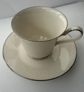 Noritake Affection Ivory 7192 Tea Cup & Saucer White on Cream Silver Trim - Picture 1 of 6