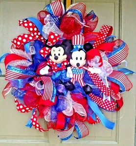 July 4th Mickey and Minnie Front Door Wreath 24" Patriotic Red White Blue Decor - Picture 1 of 9