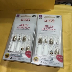 2pk KISS Jelly Fantasy 28 Ct Nails Glue Included White Gold Clear 79951 KGFJ03 - Picture 1 of 5
