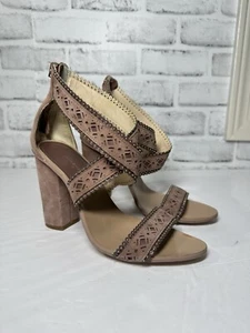Zara Leather Pink Mauve Beach Boho Block Heel Ankle Strap Laser Cut Size 7 EU 37 - Picture 1 of 12