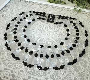 Huge Flashy Miriam Haskell 2 Row Black Glass & Clear Crystal Bib Necklace - Picture 1 of 9