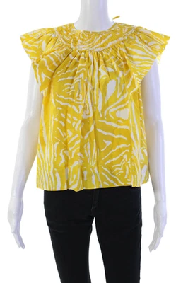Hunter Bell Womens Short Sleeve Smocked Crew Neck Top Yellow White Cotton Small - Image 1 of 4