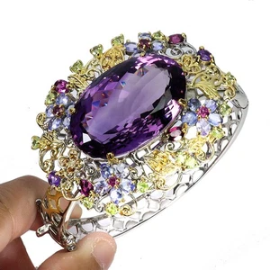 925 Sterling Silver Bangle Amethyst 71ct Peridot Handmade Gemstone 5.9 Inch Rare - Picture 1 of 13