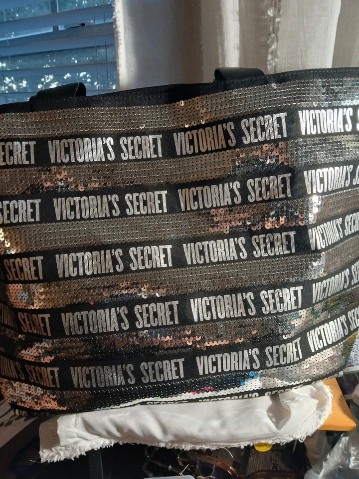 Victoria’s Secret Sequin Bling Tote Bag Weekender Black Silver 22 x 13 - Image 1 of 4