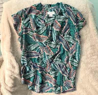 Liz Claiborne Petite Tropical Print Cap Sleeve Top PXL Green & Blue With Orange - Image 1 of 4