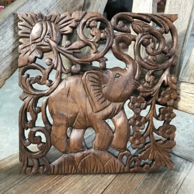 Madera Tallada Elefante Patrón Tailandés Vintage Decoración de Pared Arte Marrón 12" Foto 1 de 4