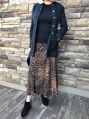 Saia midi Ralph Lauren feminina preta marrom estampa animal painéis tamanho 2 - Imagem 1 de 4