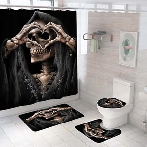 Skull Heart Shower Curtain Bathroom Rug Set Bath Mat Non-Slip Toilet Lid Cover - Picture 1 of 11