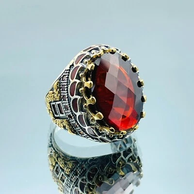 Men Simulated Red Ruby Stone 925 Sterling Silver Ring Turkish Handmade Fashion - Image 1 of 4