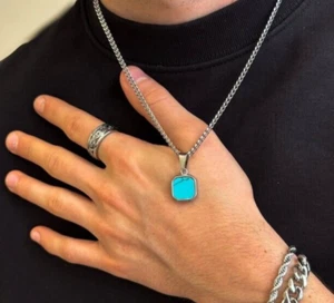 Turquoise Men's Pendant Stackable Minimalist 925 Sterling Silver Jewelry Gift - Picture 1 of 5