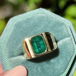 2CT Men's Certified Natural Emerald Bezel Engagement Ring Solid 14K Yellow Gold - Picture 1 of 14