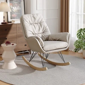 White Morale Fabric Rocking Chair Recliner Armchair with Oak Runner - Picture 1 of 3