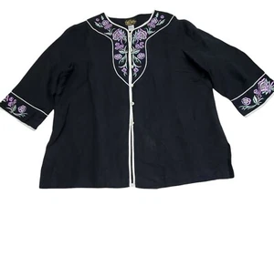 Bob Mackie Wearable Art Asian Tunic Embroidered Purple Flowers 3/4 Sleeves - Picture 1 of 6