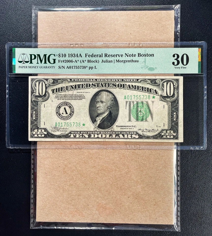 Fr. 2006-A* 1934A $10 Federal Reserve Note BOSTON *STAR* PMG 30 - VF Comment - Image 1 of 2