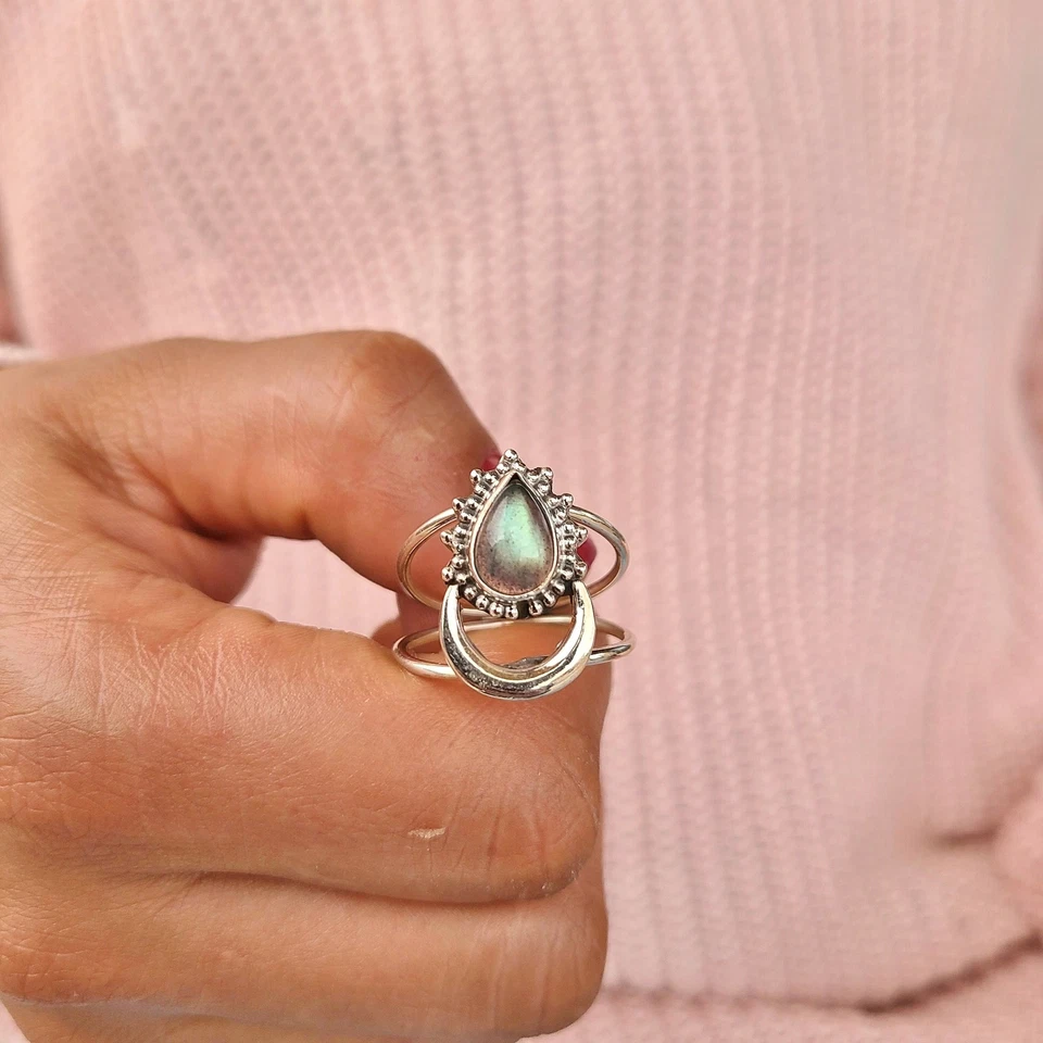 Anillo de Labradorita Genuino Plata de Ley 925 Luna Media Luna Boho Declaración Regalo Foto 1 de 4
