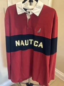 Nautica Classic Fit Rugby Shirt Red Sail Chest Logo Long Sleeve Polo XL - Picture 1 of 4