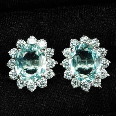 Pristine Light Blue Aquamarine 3.50Ct 925 Sterling Silver Handmade Halo Earrings - Image 1 of 4