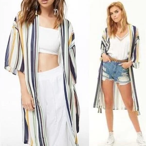 Forever 21 Womens Abstract Striped Draped Kimono Jacket Size Medium Sash Lined. - Picture 1 of 13
