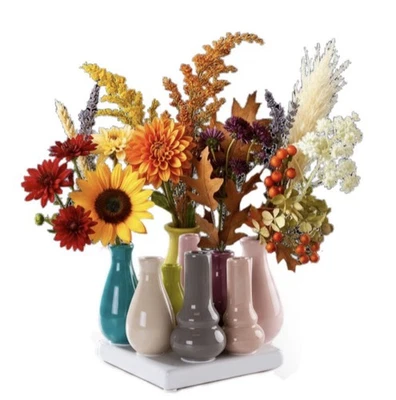 Vasenset 7 bunt Keramik Väschen befestigt auf Sockel für Gestecke Deko Tischdeko - Bild 1 von 4