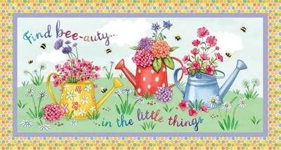 Michael Miller Honey Bee Watering Can Floral Flowers Panel 100% Cotton Fabric - Image 1 of 4
