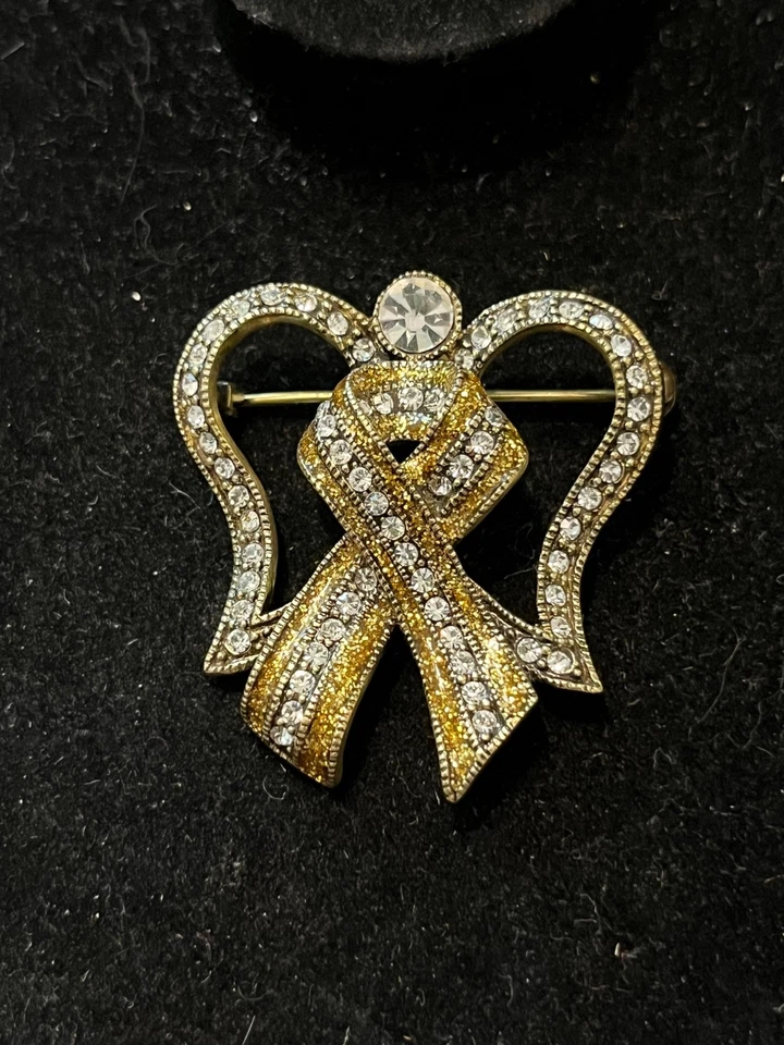 Vintage Signed Heidi Daus Christmas Angel Awareness Yellow Tone Crystal Brooch - Image 1 of 4