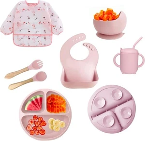 2025 Silicone Baby Feeding Set - Spoons, Suction Bowl,Divided Plate Pink - Picture 1 of 7