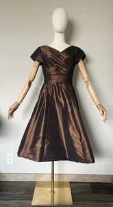 Teri Jon By Rickie Freeman Sz 4 Fit & Flare Brown 100% Silk Cocktail Dress - Picture 1 of 17