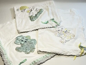 Lot Of Adorable Vintage White Cotton & Satin Elephant/Bear/lamb/ Baby Blanket - Picture 1 of 12