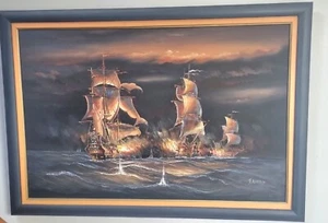 Framed Oil Painting on canvas of Ships at Sea - signed by artist J Harvey - Picture 1 of 2