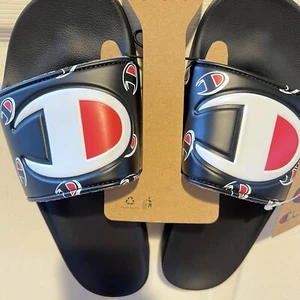 Champion Men IPO-R Black White Red Slides Repeat C Logo All Over Slides 8 Casual - Picture 1 of 14