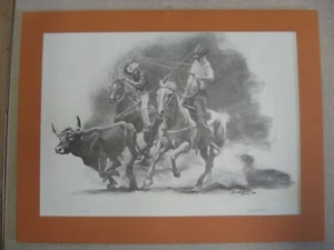 VINTAGE BUD HELBIG COWBOY WESTERN TEAM ROPING SIGNED ART PRINT KALISPELL MONTANA - Picture 1 of 8