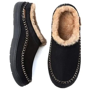 Men's Fuzzy Moccasin Slippers, Indoor/Outdoor Fluffy Slip On House 9-10 Black - Picture 1 of 7