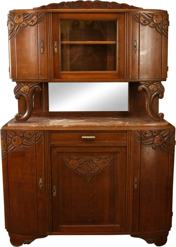 1920 Buffet French Art Deco, Carved Fruit Oak, Glass, Mirror, MidCentury Modern Cover