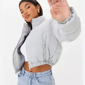 Light Gray Cropped Puffer Jacket with Oversized Sleeves - Picture 1 of 4