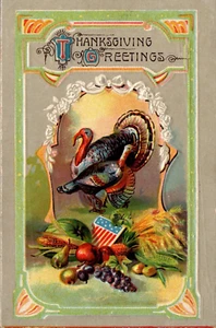 POSTCARD THANKSGIVING PATRIOTIC TURKEY COLORFUL WITH HARVEST EMBOSSED - Picture 1 of 2