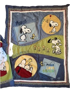 Vtg Lambs & Ivy Classic Snoopy 4 Piece Baby Crib Bedding Set Peace And Love - Picture 1 of 13