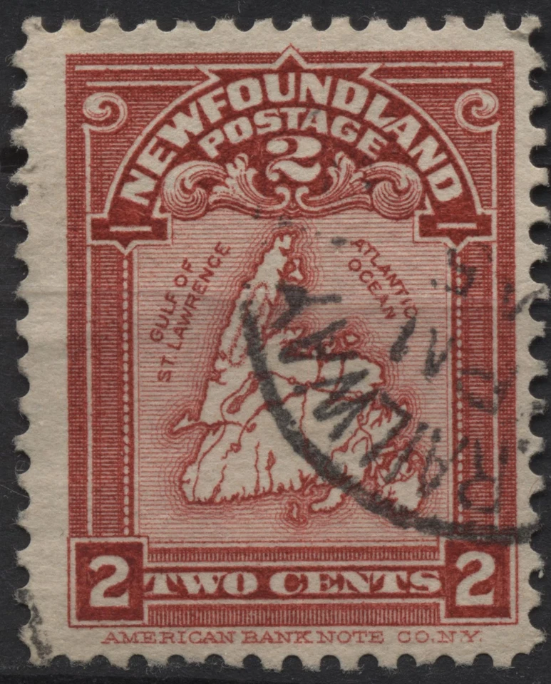 Canadá Terranova 1908 #86 2c rosa carmín, mapa de Terranova, usado Foto 1 de 1