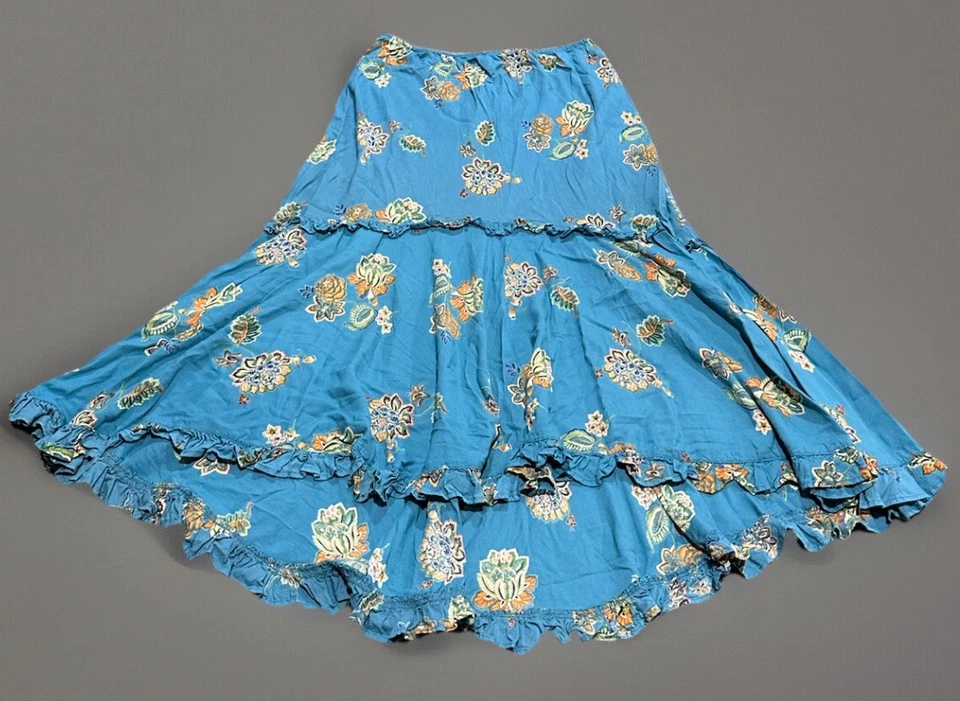 Saia de fada cigana vintage Lola P caprichosa tamanho M franja boho verde-azulado fluido - Imagem 1 de 4