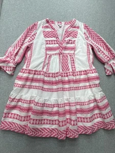 Crown & Ivy Dress Womens XL Pink White Geometric Boho Cotton Lined Pockets Tunic - Picture 1 of 12