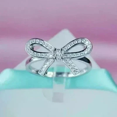 Art Deco Style Lab-Created Diamond Cute Bow Party Ring For Her 14K White Gold FN - Image 1 of 4